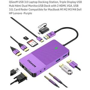 NEW QGeem 11 in 1 Mini‎ USB 3.0 Docking Station D3908 Triple Disply Purple Port.